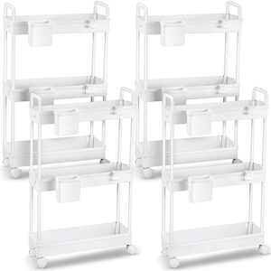 qunclay 4 pack plastic slim storage rolling cart 3 tier storage cabinet moveable bookshelf on wheels shelves thin storage cart for bathroom laundry room book cart under desk storage shelf small space