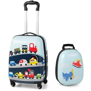 honey joy kids luggage, 12" toddler backpack & 16" travel suitcase with wheels, lightweight toddler girls suitcase, durable abs hardshell, 2pcs carry on luggage set for boys girls(car)