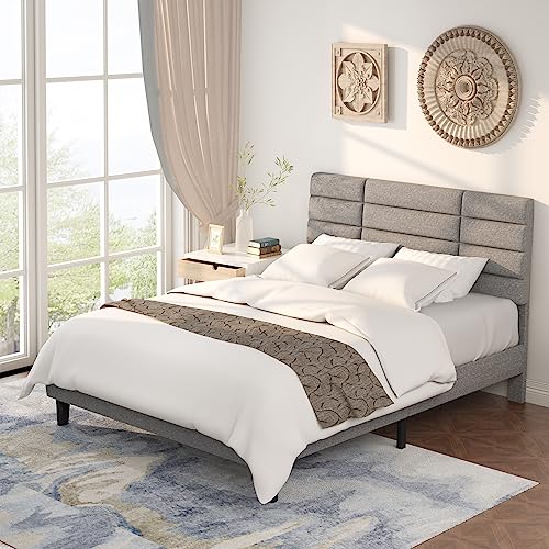 Sunrise Coast Bed Frame Queen Size Upholstered Platform Beds with Headboard Linen Fabric Wood Slat Support + Iron Frame, Mattress Foundation, No Box Spring Needed, Light Grey