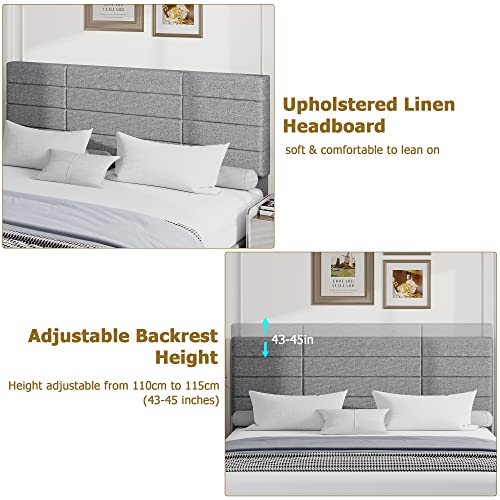 Sunrise Coast Bed Frame Queen Size Upholstered Platform Beds with Headboard Linen Fabric Wood Slat Support + Iron Frame, Mattress Foundation, No Box Spring Needed, Light Grey