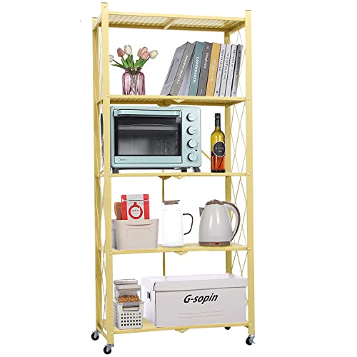 Letusto Heavy Duty Foldable Collapsible Shelf with Wheels with Breaks - Folding Metal Frame Shelving Pantry Organizer System Rack - Shelves with No Assembly Required (Natural, 5 Tier)