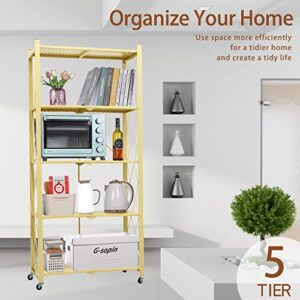 Letusto Heavy Duty Foldable Collapsible Shelf with Wheels with Breaks - Folding Metal Frame Shelving Pantry Organizer System Rack - Shelves with No Assembly Required (Natural, 5 Tier)