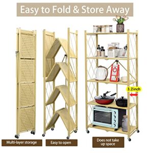 Letusto Heavy Duty Foldable Collapsible Shelf with Wheels with Breaks - Folding Metal Frame Shelving Pantry Organizer System Rack - Shelves with No Assembly Required (Natural, 5 Tier)