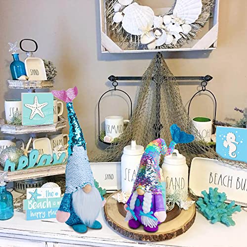 ALLYORS Sequin Summer Gnome Couple Mermaid Gnomes Beach Gnome Summer Tomte Plush Birthday Gifts Gnomes Scandinavian Decoration Shelf and Tiered Tray Decoration for Summer