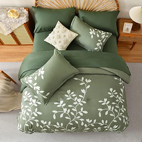 METAHOTS Comforters Queen Size, 7 Piece Flowers Botanical on Green Comforter Sets with Sheets and Pillows, Soft Lightweight Microfiber Bedding Set for All Season(90"X90")