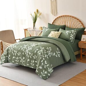 METAHOTS Comforters Queen Size, 7 Piece Flowers Botanical on Green Comforter Sets with Sheets and Pillows, Soft Lightweight Microfiber Bedding Set for All Season(90"X90")