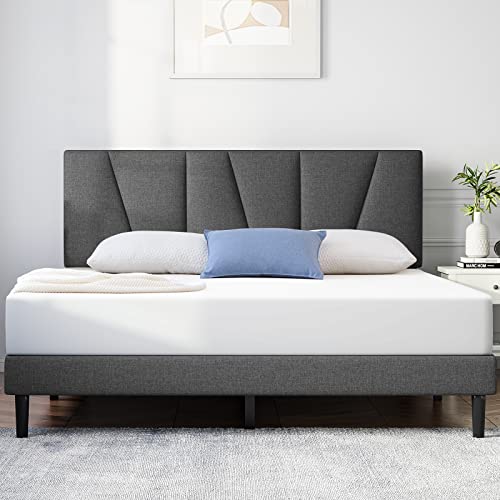 Molblly Queen Bed Frame with Tufted Headboard,Upholstered Platform Bed with Headboard and Strong Wooden Slats,No Box Spring Needed,Easy Assembly,Dark Gray