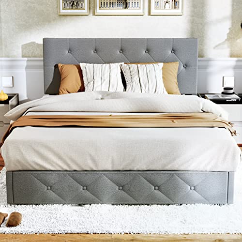 Fluest Queen Bed Frame with Headboard Storage Drawers of 4 Upholstered Bed Frame Platform Adjustable Headboard Wooden Slats Support/No Box Spring Needed/Easy Assembly/Mattress Foundation, Dark Grey