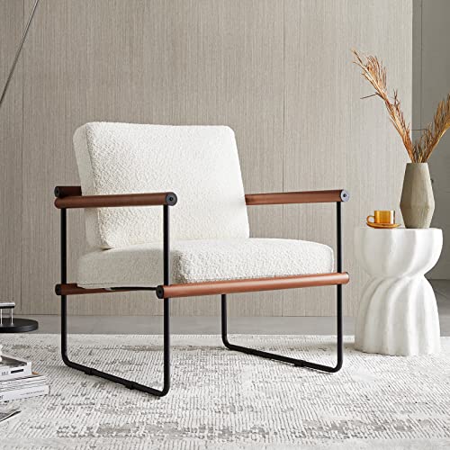 jiexi 28.3in Modern Boucle Fabric Accent Chair with Arms for Living Room, Modern Tufted Single Sofa for Bedroom, Upholstered Reading Comfy Armchair, with Metal and Wooden Frame