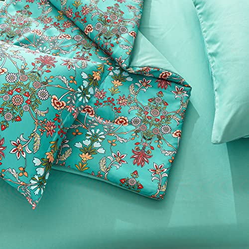 7 Piece Bed in a Bag Queen Floral Comforter Set,Green and Colorful Botanical Flowers Comforter and Sheet Set,Soft Lightweight Microfiber Bedding Sets for All Season(Green,Queen)