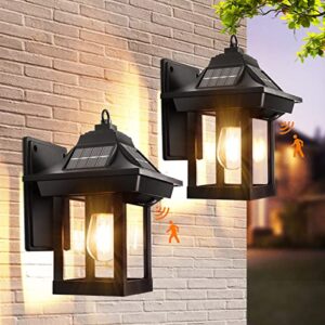 solar outdoor wall lights 2 pack, salangae motion sensor solar lantern with 3 modes and ip65 waterproof, wireless led sconce lights dusk to dawn exterior solar porch lights, for outdoor patio yard