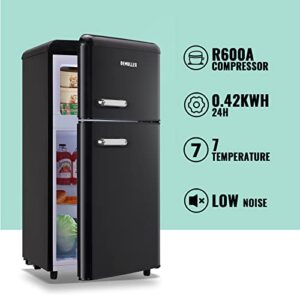 DEMULLER Mini Fridge Dual Door Refrigerator with Freezer, 3.5 Cu.Ft Compact Refrigerator with Handle, Adjustable Temperature & Removable Glass Shelves, for Apartment/Dorm/Office/RV, Black