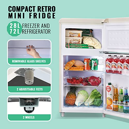 DEMULLER Retro Mini Refrigerator 3.5 CU.FT Dual Door Fridge with Handle Removable Glass Shelves 7 temperature control levels for Dorm, Office, Bedroom