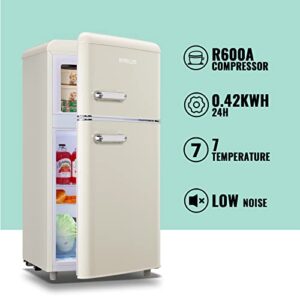 DEMULLER Retro Mini Refrigerator 3.5 CU.FT Dual Door Fridge with Handle Removable Glass Shelves 7 temperature control levels for Dorm, Office, Bedroom