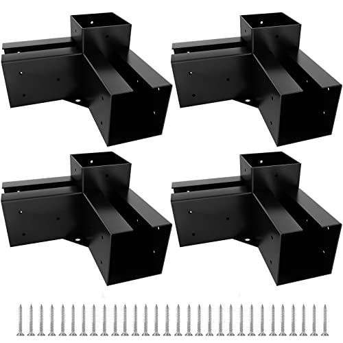 HomiShare 4"x 4" Pergola Brackets, 4Pcs Steel 3-Way Right Angle Corner Bracket, Heavy Duty Black Powder Coated Pergola Kit for Gazebo 4"x 4" (Actual: 3.5x3.5 Inch) Lumber