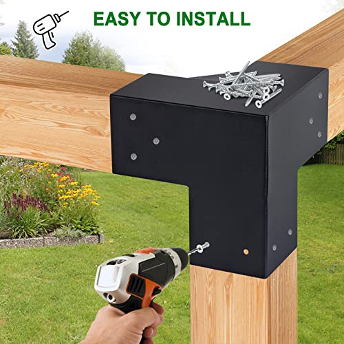 HomiShare 4"x 4" Pergola Brackets, 4Pcs Steel 3-Way Right Angle Corner Bracket, Heavy Duty Black Powder Coated Pergola Kit for Gazebo 4"x 4" (Actual: 3.5x3.5 Inch) Lumber