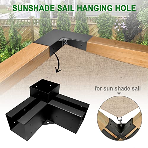 HomiShare 4"x 4" Pergola Brackets, 4Pcs Steel 3-Way Right Angle Corner Bracket, Heavy Duty Black Powder Coated Pergola Kit for Gazebo 4"x 4" (Actual: 3.5x3.5 Inch) Lumber