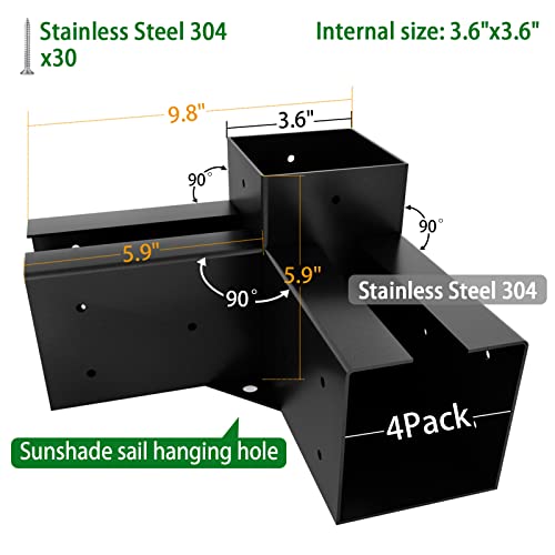 HomiShare 4"x 4" Pergola Brackets, 4Pcs Steel 3-Way Right Angle Corner Bracket, Heavy Duty Black Powder Coated Pergola Kit for Gazebo 4"x 4" (Actual: 3.5x3.5 Inch) Lumber