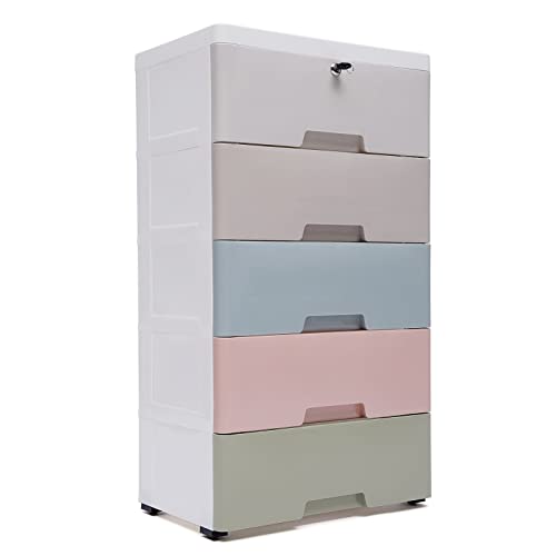 5 Drawer Plastic Garage Storage Cabinet Space-Saving Mobile Cabinet with Lock PP Material Dresser Storage Tower Cabinet Stand for Living Room Indoor