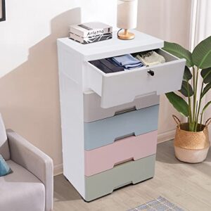 5 Drawer Plastic Garage Storage Cabinet Space-Saving Mobile Cabinet with Lock PP Material Dresser Storage Tower Cabinet Stand for Living Room Indoor