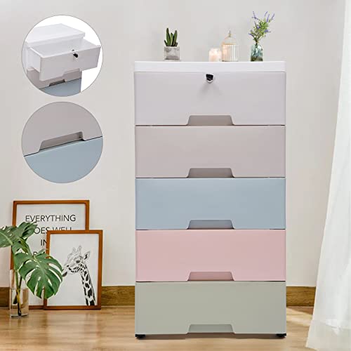 5 Drawer Plastic Garage Storage Cabinet Space-Saving Mobile Cabinet with Lock PP Material Dresser Storage Tower Cabinet Stand for Living Room Indoor