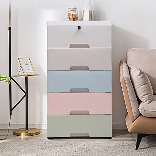 5 Drawer Plastic Garage Storage Cabinet Space-Saving Mobile Cabinet with Lock PP Material Dresser Storage Tower Cabinet Stand for Living Room Indoor