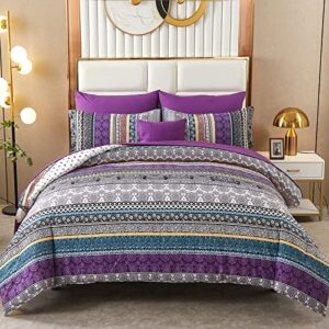 boho comforter set full size 8 piece bed in a bag bohemian striped bedding quilt set purple paisley floral comforter and sheet set,soft microfiber complete bedding sets for all season