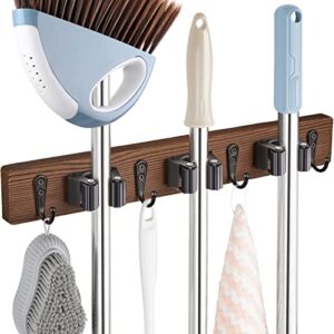 outnili mop broom holder wall mount with 3 slots & 4 hooks - rustic wood broom mop hanger for pantry kitchen organization - garden tool organizer for closet laundry room - farmhouse kitchen decor