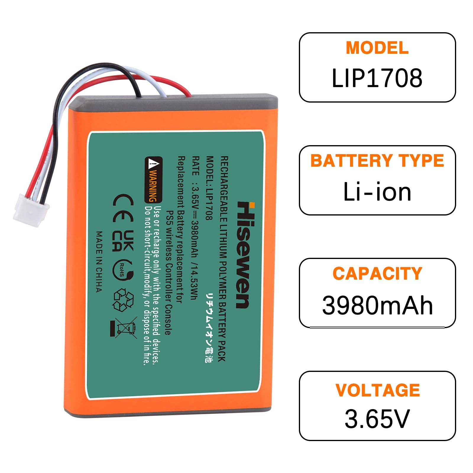 Hisewen PS5 Controller Battery, Upgraded 3980mAh LIP1708 PS5 Battery Pack for Sony Playstation 5 PS5 DualSense CFI-ZCT1W Wireless Controller