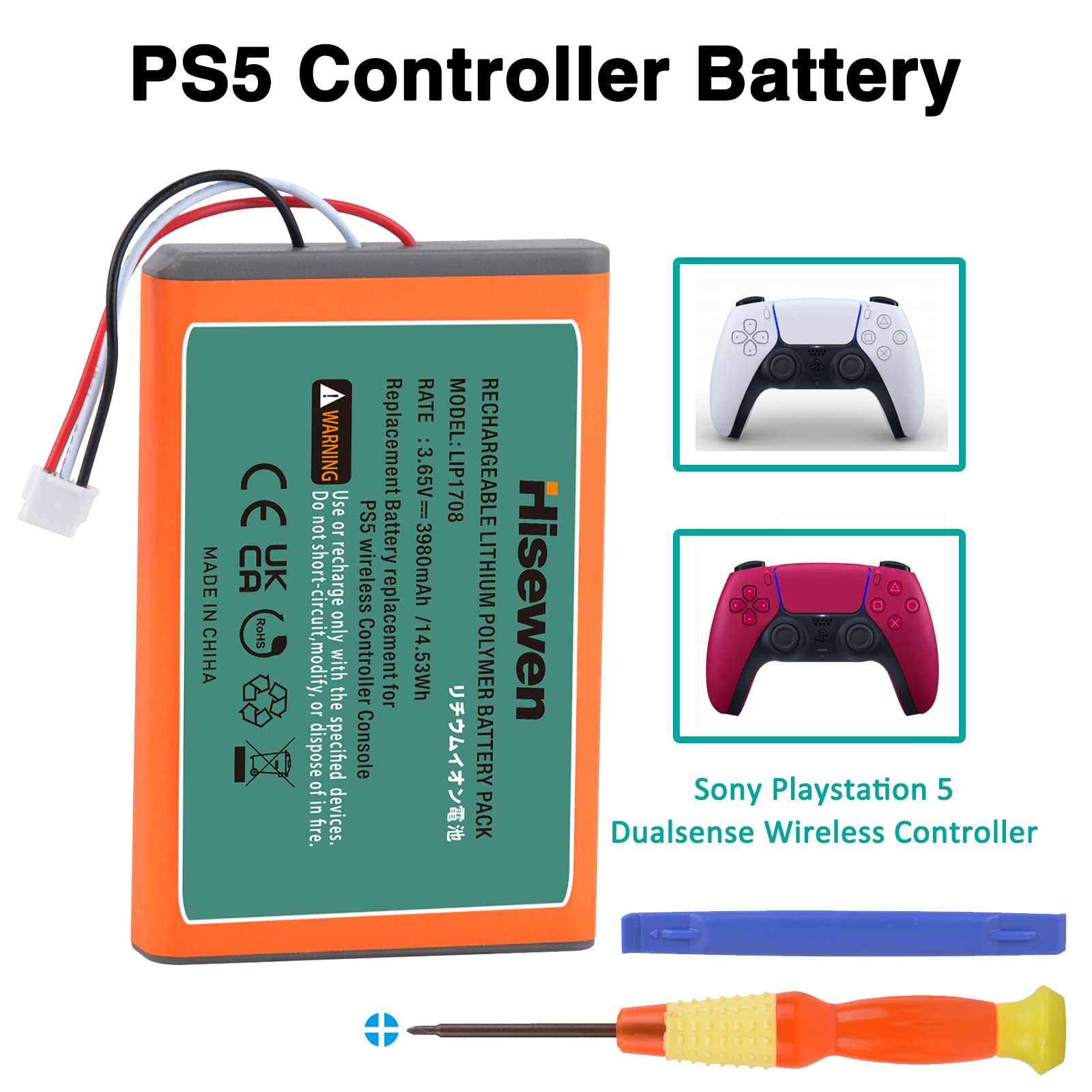 Hisewen PS5 Controller Battery, Upgraded 3980mAh LIP1708 PS5 Battery Pack for Sony Playstation 5 PS5 DualSense CFI-ZCT1W Wireless Controller