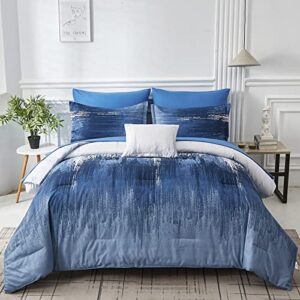 dinjoy ombre blue comforter set full size reversible gradient blue grey boho bedding set for men women 8 pieces bed in a bag bohemian bed set with comforter, sheets, pillowcases & shams