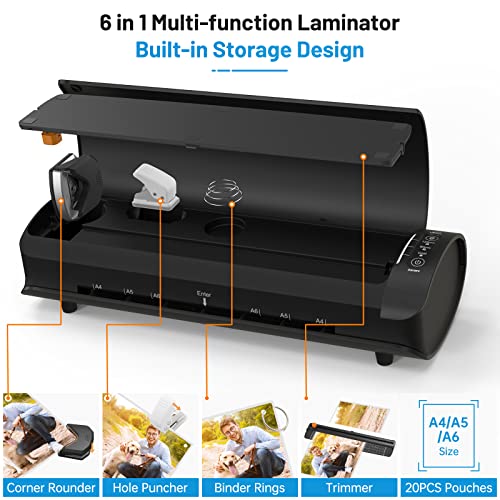 Buyounger Laminator, Laminator Machine with Laminating Sheets & 60s Warm Up, 6 in 1 Hot & Cold A4 Laminating Machine, 9-Inch Personal Thermal Laminator with 20 Pouches for Home School Office