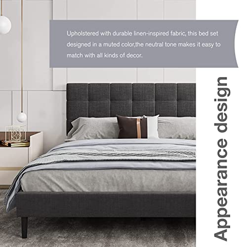 Zoophyter Upholstered Platform Full Size Bed Frame with Headboard No Box Spring Required Easy Assembly Dark Grey