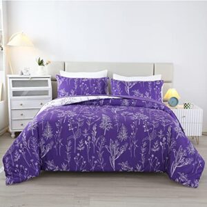 urbonur purple comforter set full size, 5pcs bed in a bag plant floral bed set for full bed, soft & fluffy all season purple bedding set, comforter, flat sheet, fitted sheet & pillow cases