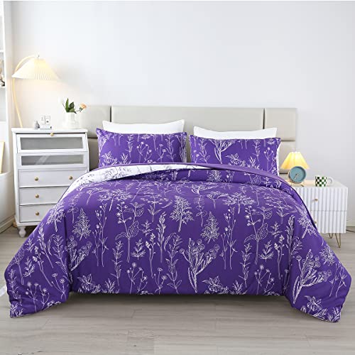 URBONUR Purple Comforter Set Full Size, 5Pcs Bed in A Bag Plant Floral Bed Set for Full Bed, Soft & Fluffy All Season Purple Bedding Set, Comforter, Flat Sheet, Fitted Sheet & Pillow Cases