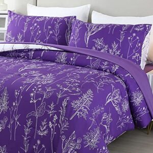 URBONUR Purple Comforter Set Full Size, 5Pcs Bed in A Bag Plant Floral Bed Set for Full Bed, Soft & Fluffy All Season Purple Bedding Set, Comforter, Flat Sheet, Fitted Sheet & Pillow Cases