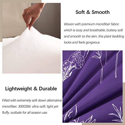 URBONUR Purple Comforter Set Full Size, 5Pcs Bed in A Bag Plant Floral Bed Set for Full Bed, Soft & Fluffy All Season Purple Bedding Set, Comforter, Flat Sheet, Fitted Sheet & Pillow Cases