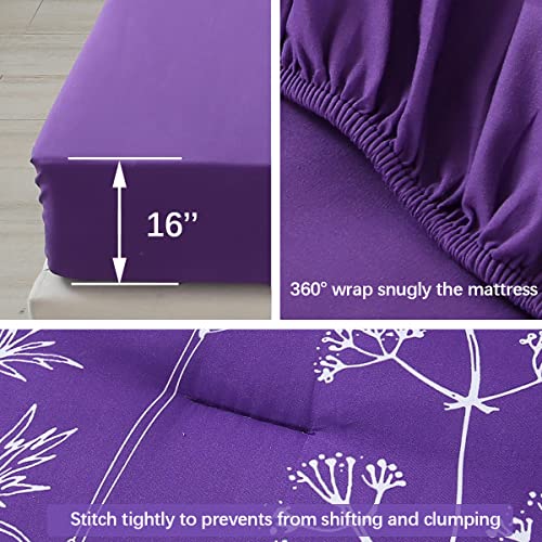 URBONUR Purple Comforter Set Full Size, 5Pcs Bed in A Bag Plant Floral Bed Set for Full Bed, Soft & Fluffy All Season Purple Bedding Set, Comforter, Flat Sheet, Fitted Sheet & Pillow Cases