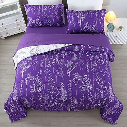 URBONUR Purple Comforter Set Full Size, 5Pcs Bed in A Bag Plant Floral Bed Set for Full Bed, Soft & Fluffy All Season Purple Bedding Set, Comforter, Flat Sheet, Fitted Sheet & Pillow Cases