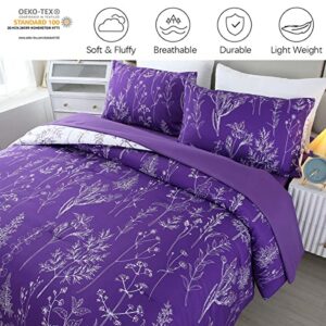 URBONUR Purple Comforter Set Full Size, 5Pcs Bed in A Bag Plant Floral Bed Set for Full Bed, Soft & Fluffy All Season Purple Bedding Set, Comforter, Flat Sheet, Fitted Sheet & Pillow Cases