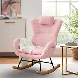 kinffict accent rocking chair, tufted upholstered glider rocker for nursery, comfy armchair with side pockets, modern lounge arm chair for living room, bedroom (upgraded teddy pink)