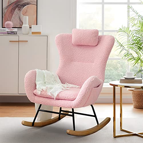 KINFFICT Accent Rocking Chair, Tufted Upholstered Glider Rocker for Nursery, Comfy Armchair with Side Pockets, Modern Lounge Arm Chair for Living Room, Bedroom (Upgraded Teddy Pink)