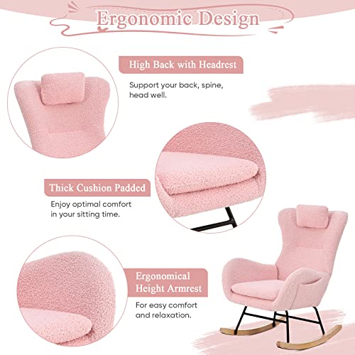 KINFFICT Accent Rocking Chair, Tufted Upholstered Glider Rocker for Nursery, Comfy Armchair with Side Pockets, Modern Lounge Arm Chair for Living Room, Bedroom (Upgraded Teddy Pink)