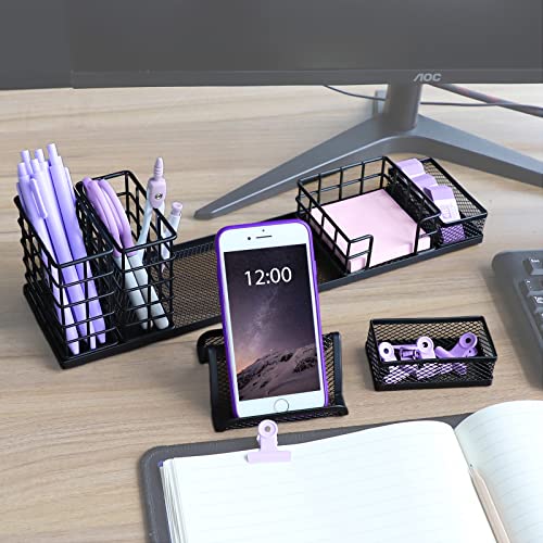 HMXLJJY Pen Holder for Desk,Desk organizer with pen holder,Desk Office Accessories with Sticky Notes Tray,Paper Clip Holder,Phone Stand, DIY Desktop Organization Caddy for Office Home School (Black)