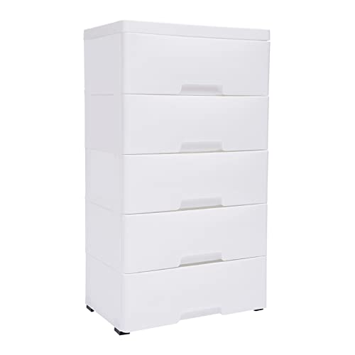 Gdrasuya10 Plastic Drawers Dresser, Storage Cabinet with 5 Drawers, Organizer Unit Stable Cart on Wheels Waterproof Plastic Cabinet with Locked Drawer for Bedroom Apartment, White