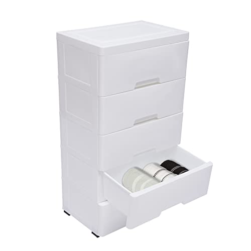 Gdrasuya10 Plastic Drawers Dresser, Storage Cabinet with 5 Drawers, Organizer Unit Stable Cart on Wheels Waterproof Plastic Cabinet with Locked Drawer for Bedroom Apartment, White