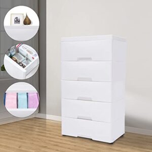 Gdrasuya10 Plastic Drawers Dresser, Storage Cabinet with 5 Drawers, Organizer Unit Stable Cart on Wheels Waterproof Plastic Cabinet with Locked Drawer for Bedroom Apartment, White