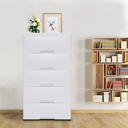 Gdrasuya10 Plastic Drawers Dresser, Storage Cabinet with 5 Drawers, Organizer Unit Stable Cart on Wheels Waterproof Plastic Cabinet with Locked Drawer for Bedroom Apartment, White