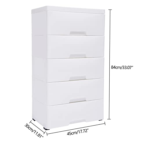 Gdrasuya10 Plastic Drawers Dresser, Storage Cabinet with 5 Drawers, Organizer Unit Stable Cart on Wheels Waterproof Plastic Cabinet with Locked Drawer for Bedroom Apartment, White