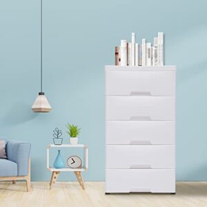 Gdrasuya10 Plastic Drawers Dresser, Storage Cabinet with 5 Drawers, Organizer Unit Stable Cart on Wheels Waterproof Plastic Cabinet with Locked Drawer for Bedroom Apartment, White